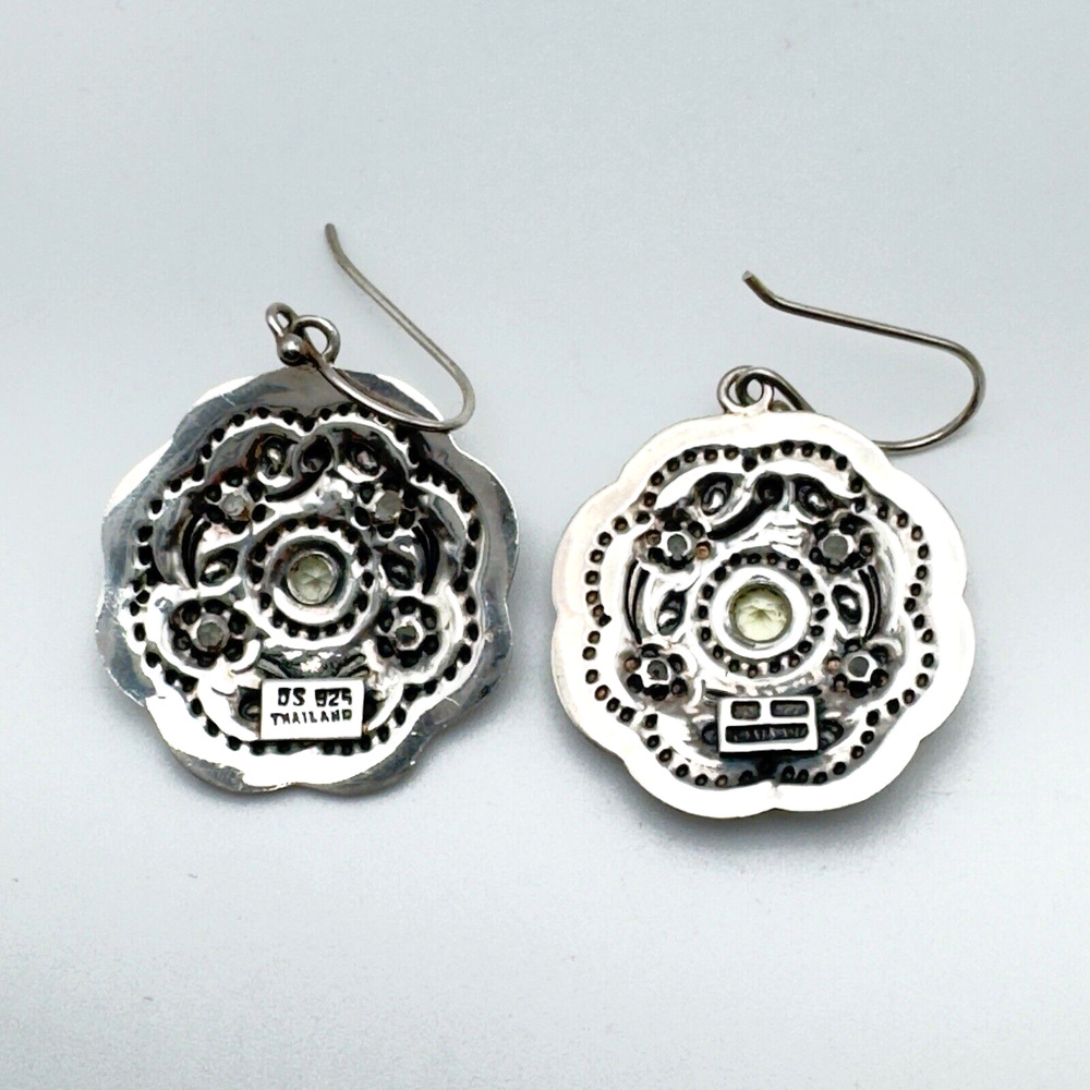Sterling Silver 925 Peridot Flower Dangle Earrings Artisan August Oxidized 6g - Picture 4 of 10